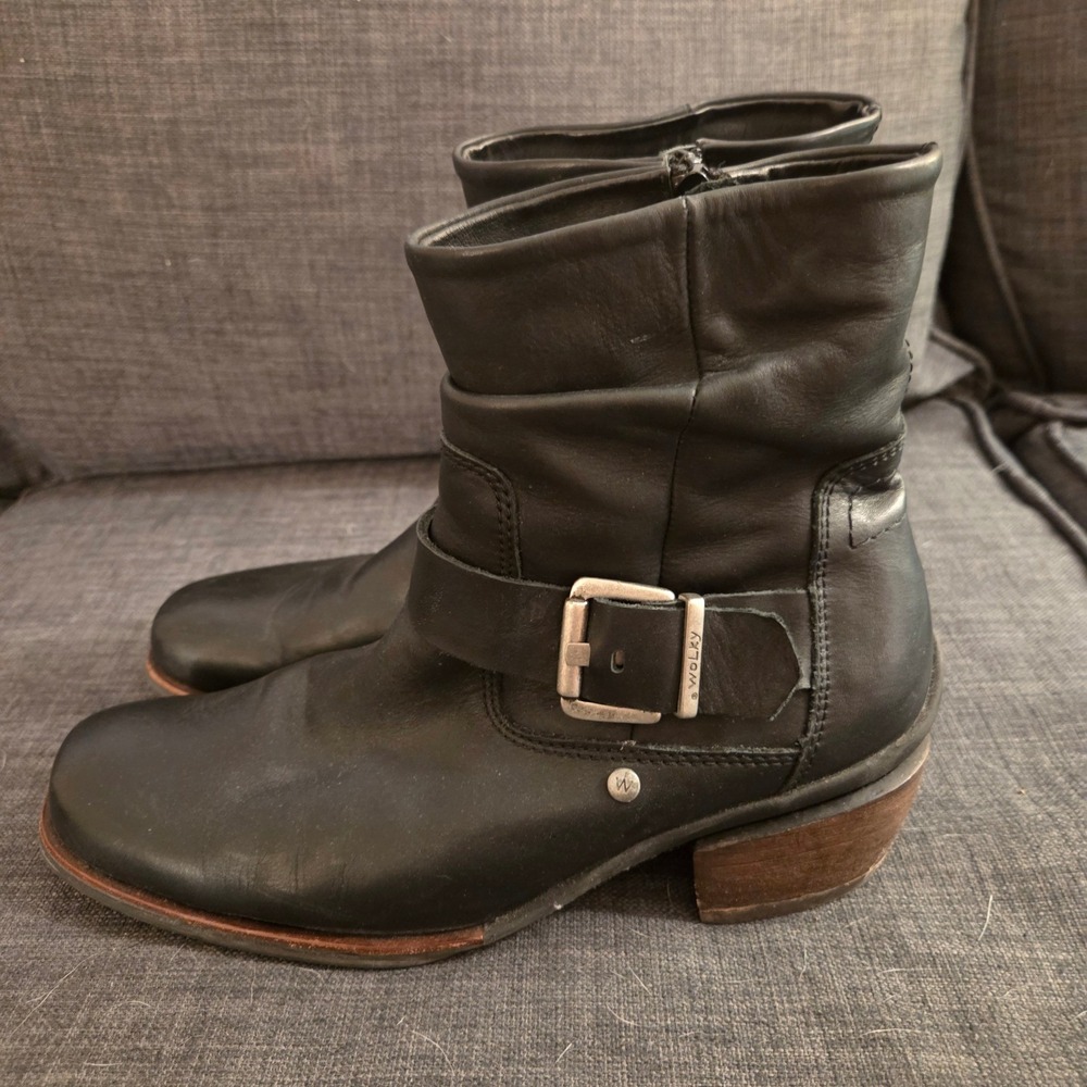 Wolky 316 495 Black Leather Moto Ankle Boots Buckle Slouchy Zip Square Toe 42